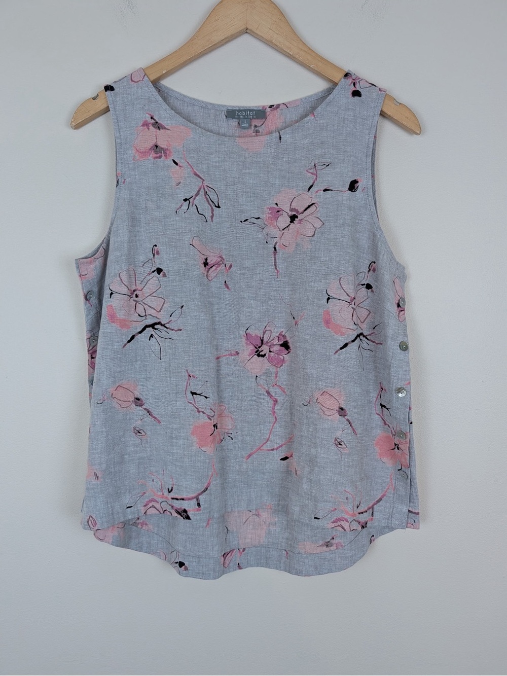 Habitat Grey Floral Side Button Linen Blend Tank Top